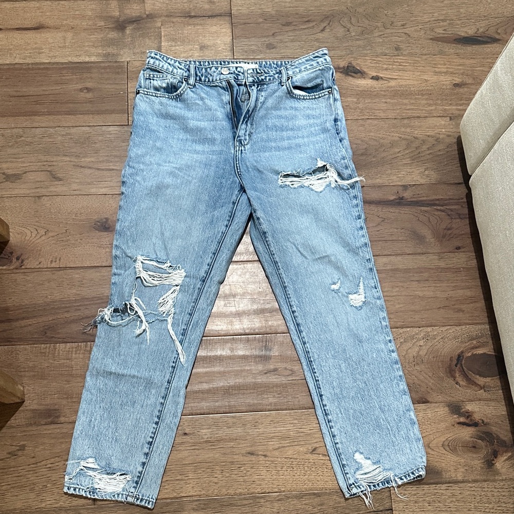 Distressed Light Blue Straight Leg Jeans